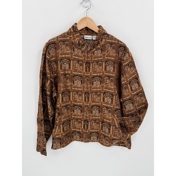Vintage Chico's Brown Silk Blend Printed Zip Jacket Size 3/XL Artsy Mature Boho - Picture 1 of 10